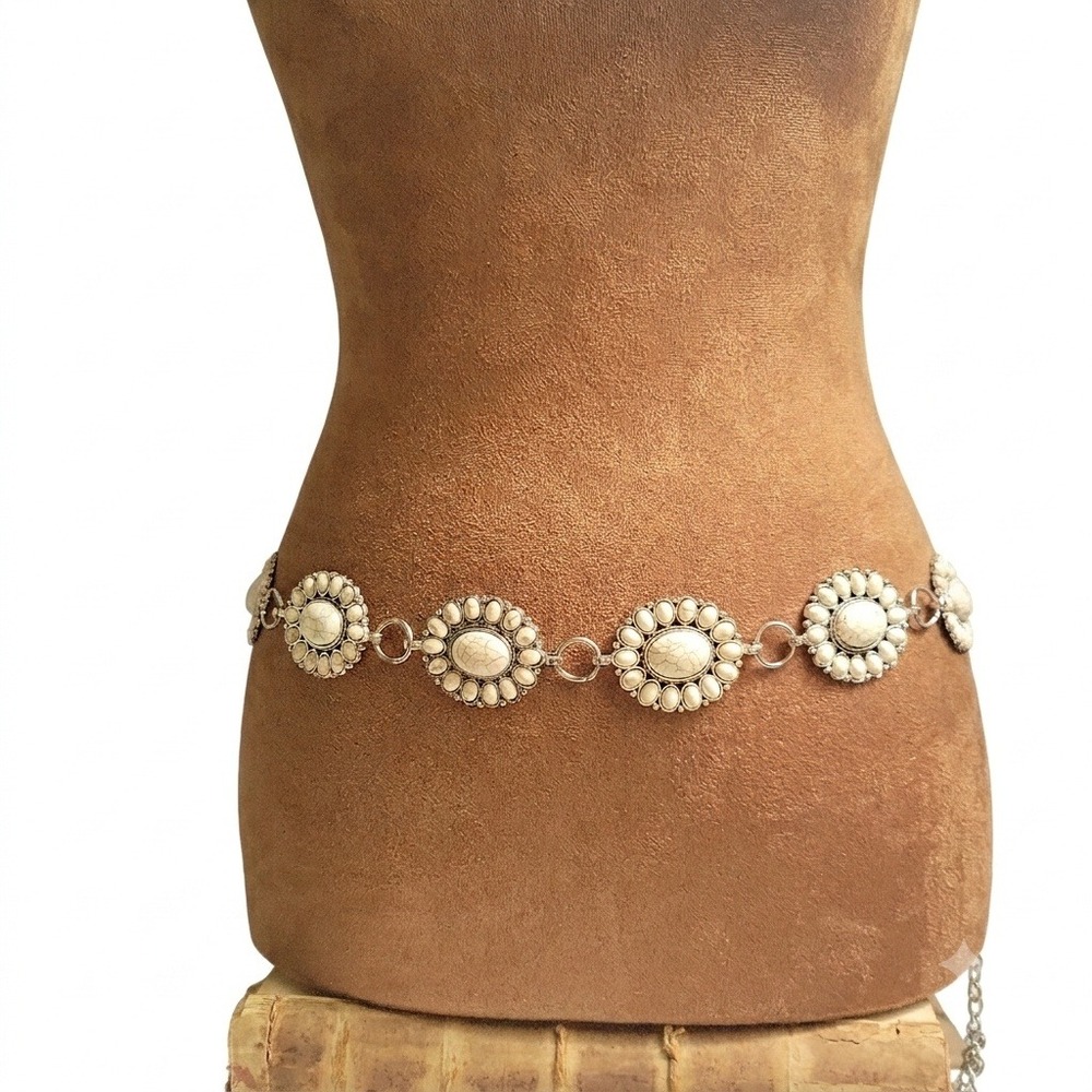 Silver White Faux Turquoise Concho Chain Belt Adjustable Size Western